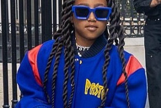 North, 9, Dons Dad Kanye's Vintage Jacket And £2k Worth Of Designer Accessories As She Joins Kim Kardashian In Paris