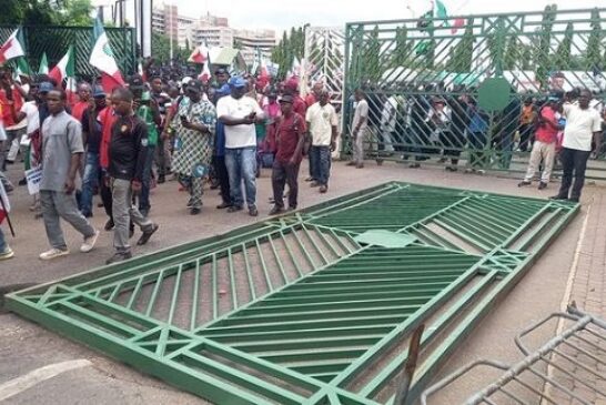 BREAKING: Protesters Pull Down NASS Gate, Take Over Premises