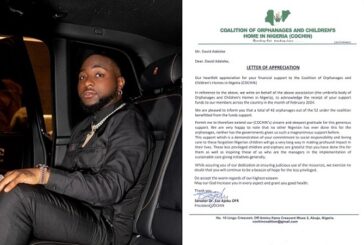 COCHIN Confirms, Thanks Davido For N300m Donation To Orphanage Homes