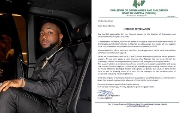 COCHIN Confirms, Thanks Davido For N300m Donation To Orphanage Homes